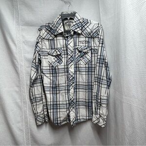 American Fighter Men's Blue Plaid Casual Button Down Shirt Embroidered‎ logo